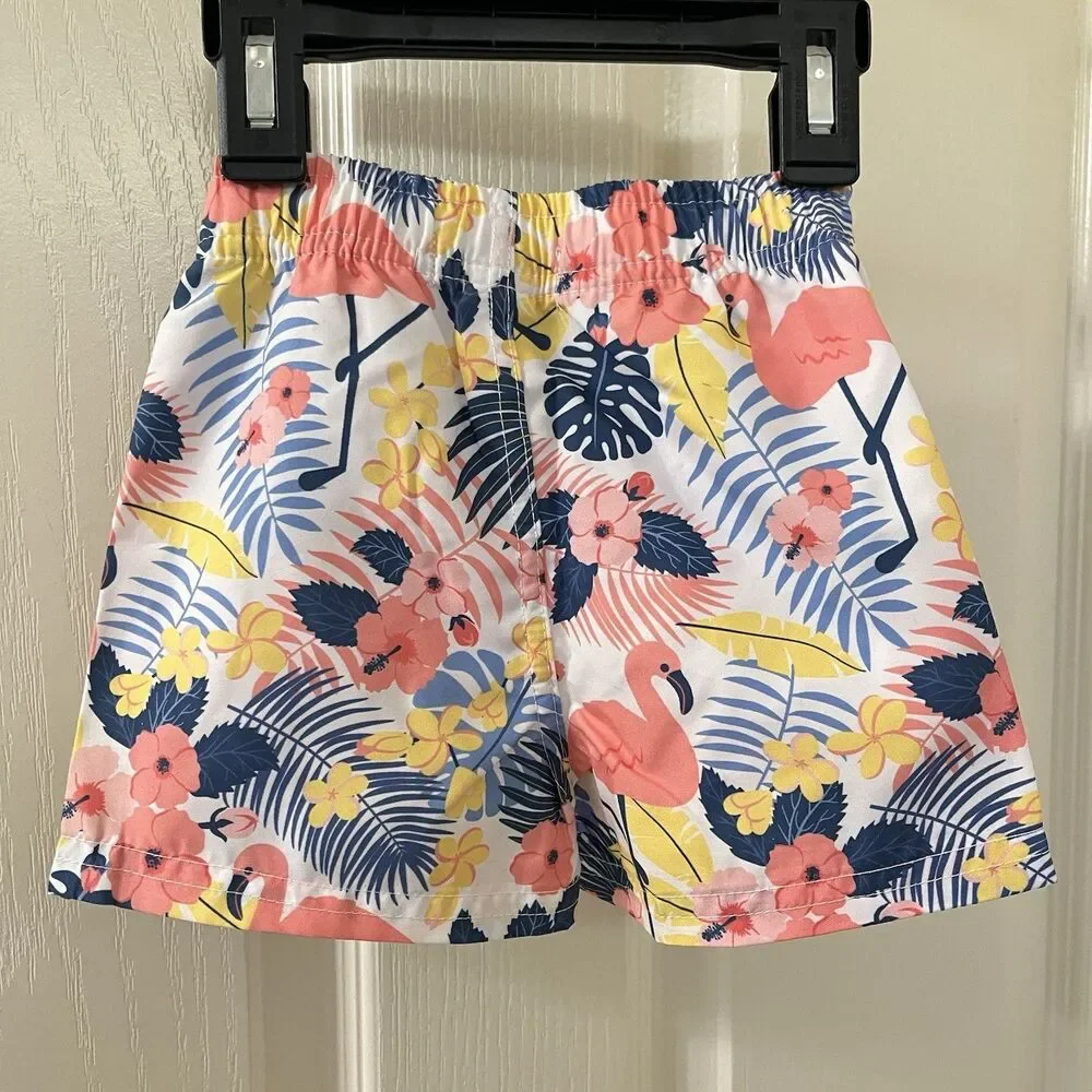 RuffleButts RuggedButts Tropical Flamingo Swim Trunks UPF 50+ Boys 6-12 Mos NWT